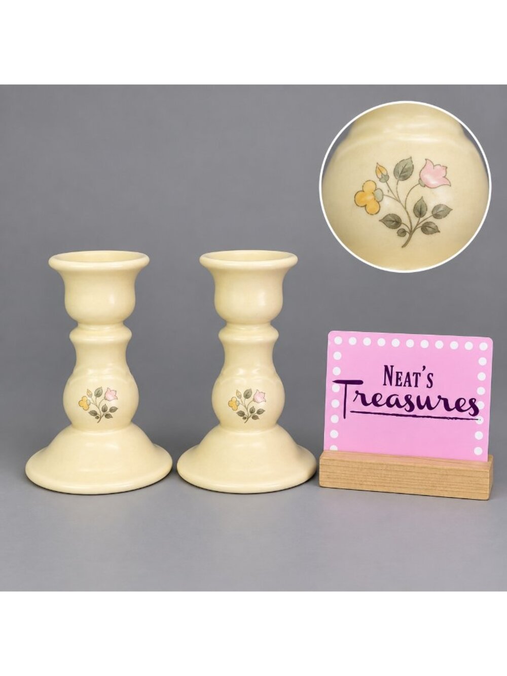 Pfaltzgraff REMEMBRANCE Stoneware Peach Pink Floral 5" Candle Stick Holders Set